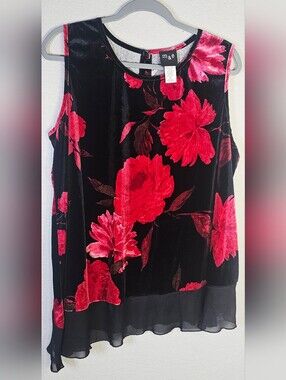 M&E 2X Black Red Floral Velvet Asymmetrical Sleeveless Top